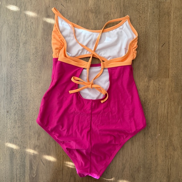 Kona Sol Cutout Colorblock One-Piece Swimsuit, Hot Pink and Orange, Size L - Picture 2 of 6
